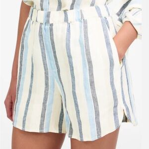Madewell Curved Hem Pull-On Shorts 100% Linen Blue Stripe Beach Women New XL